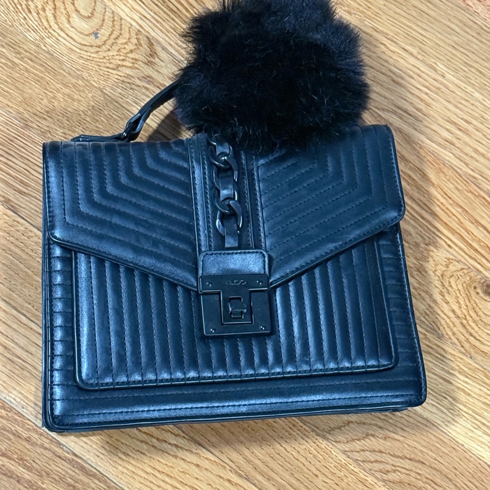 Aldo Black Quilted Shoulder Bag with Pom Pom